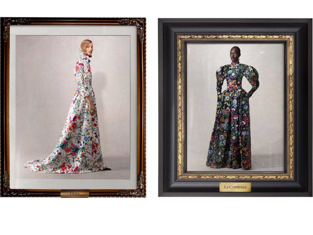 two pictures of a woman in a floral dress