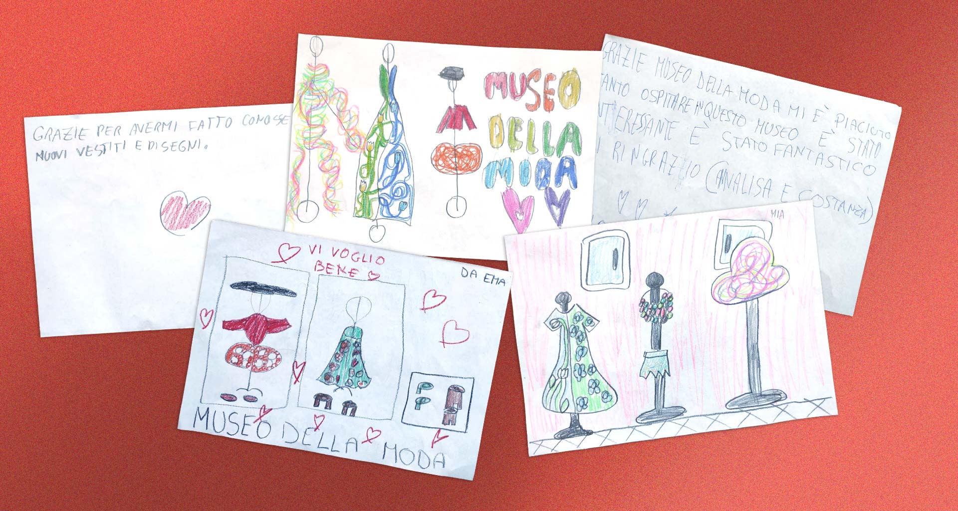 a group of children's drawings on a red background