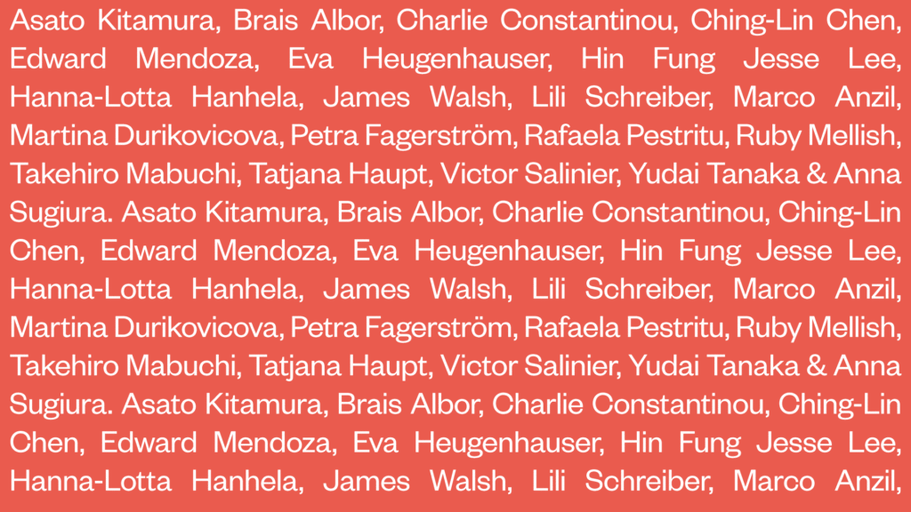 a red background with a large group of people on it